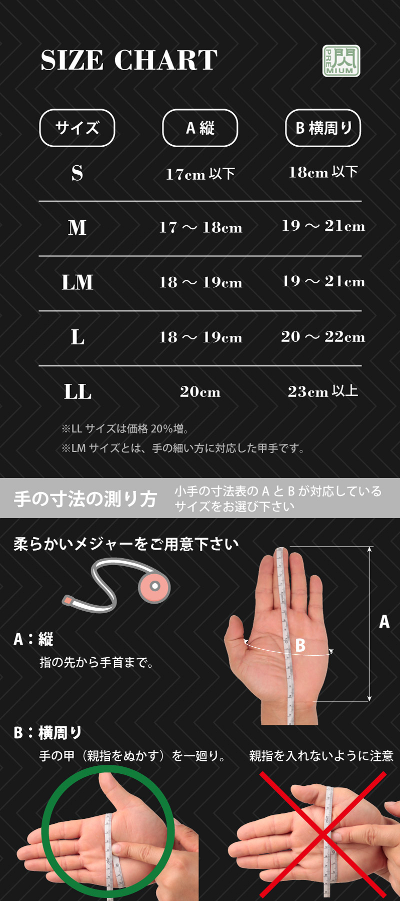 サイズチャート　手の寸法の測り方